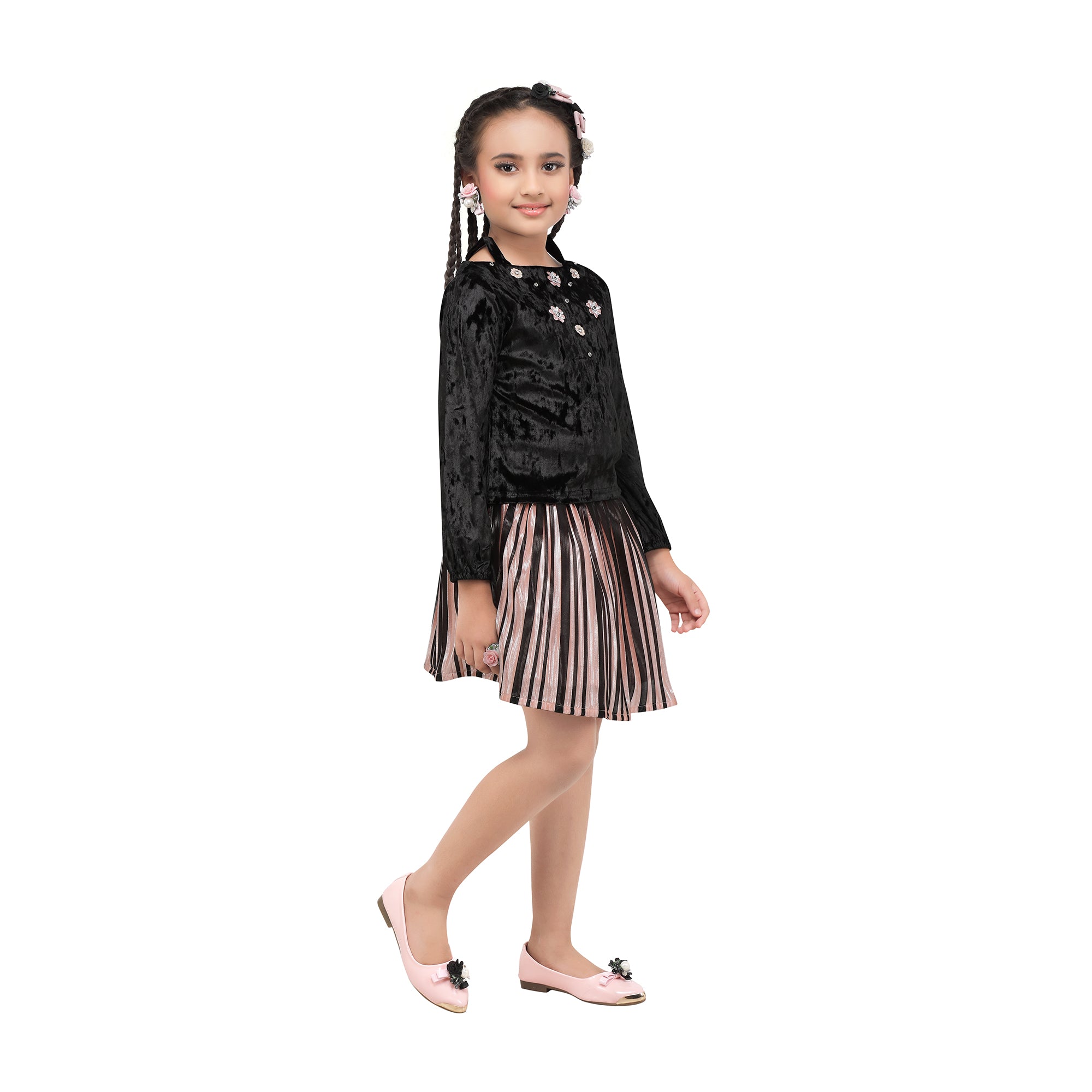 Velvet Cold Shoulder Long Sleeve Top With Pleated Skirt Set