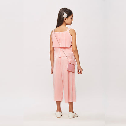Pleated Spaghetty Top With Pleated Culottes, Sequence Strap On Top And Broach Styled With Purse