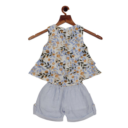 Leaf Print Sleevless Shorts Set With Ruffles Top And Belt