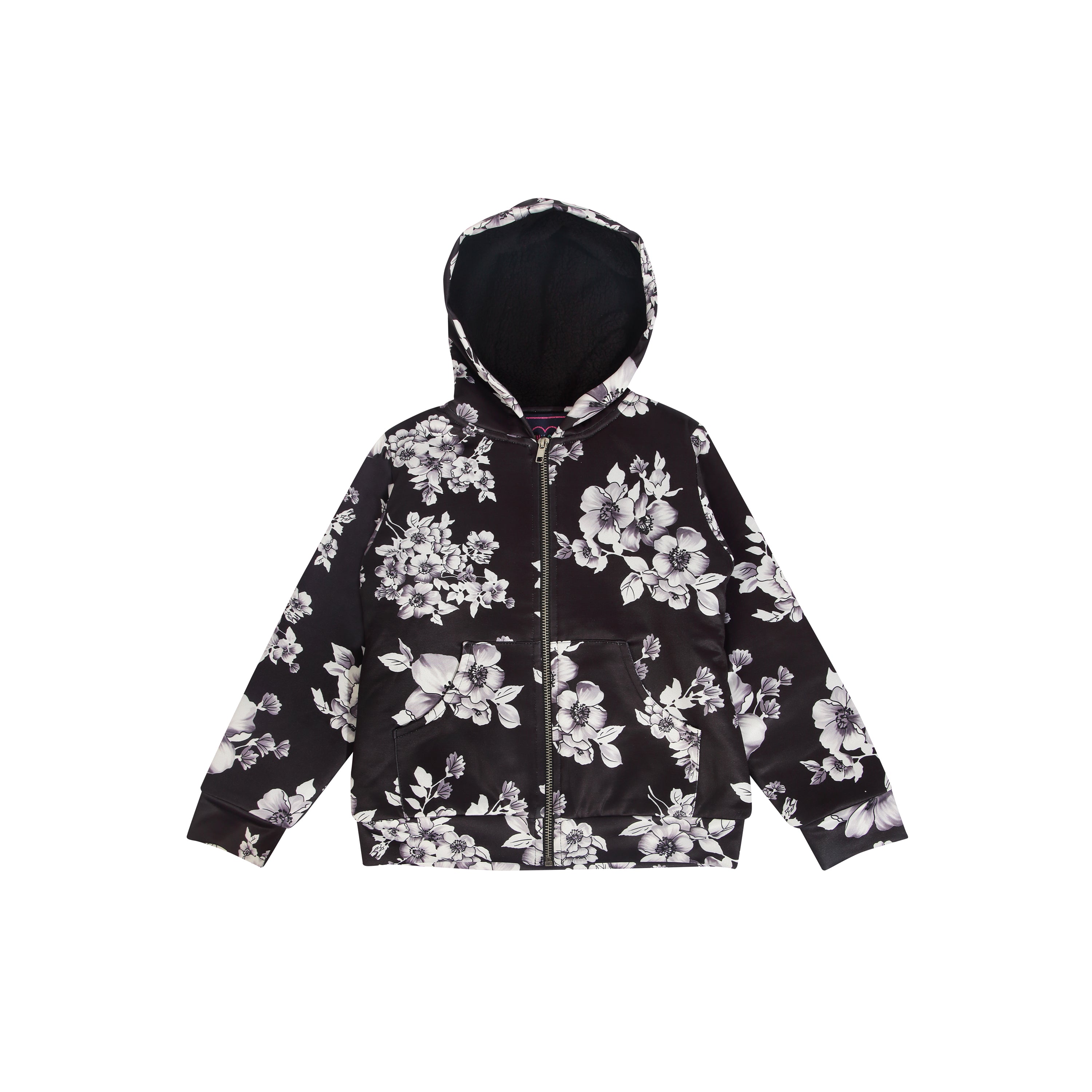 Floral Zipper Black Hoodie With Sherpa Lining