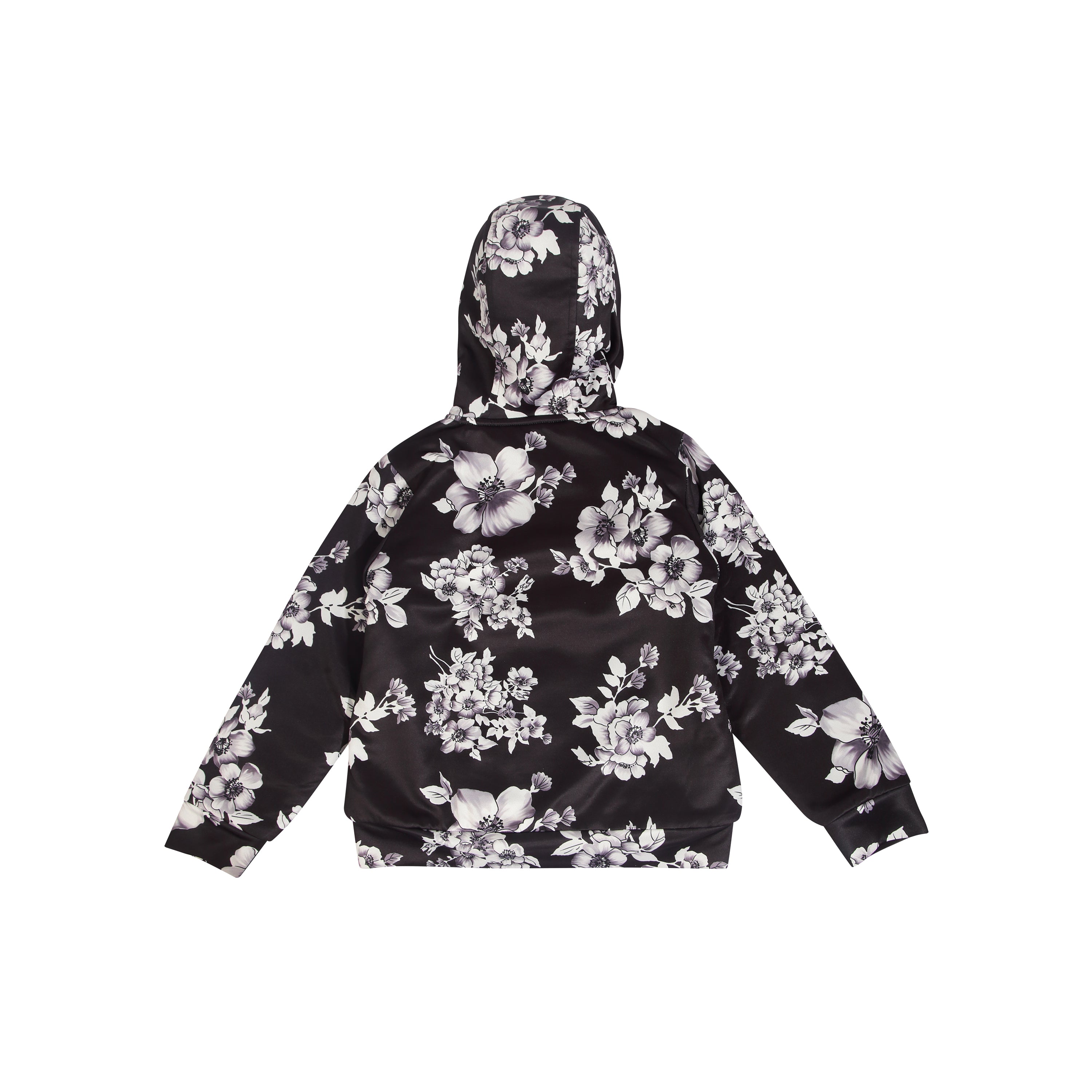 Floral Zipper Black Hoodie With Sherpa Lining