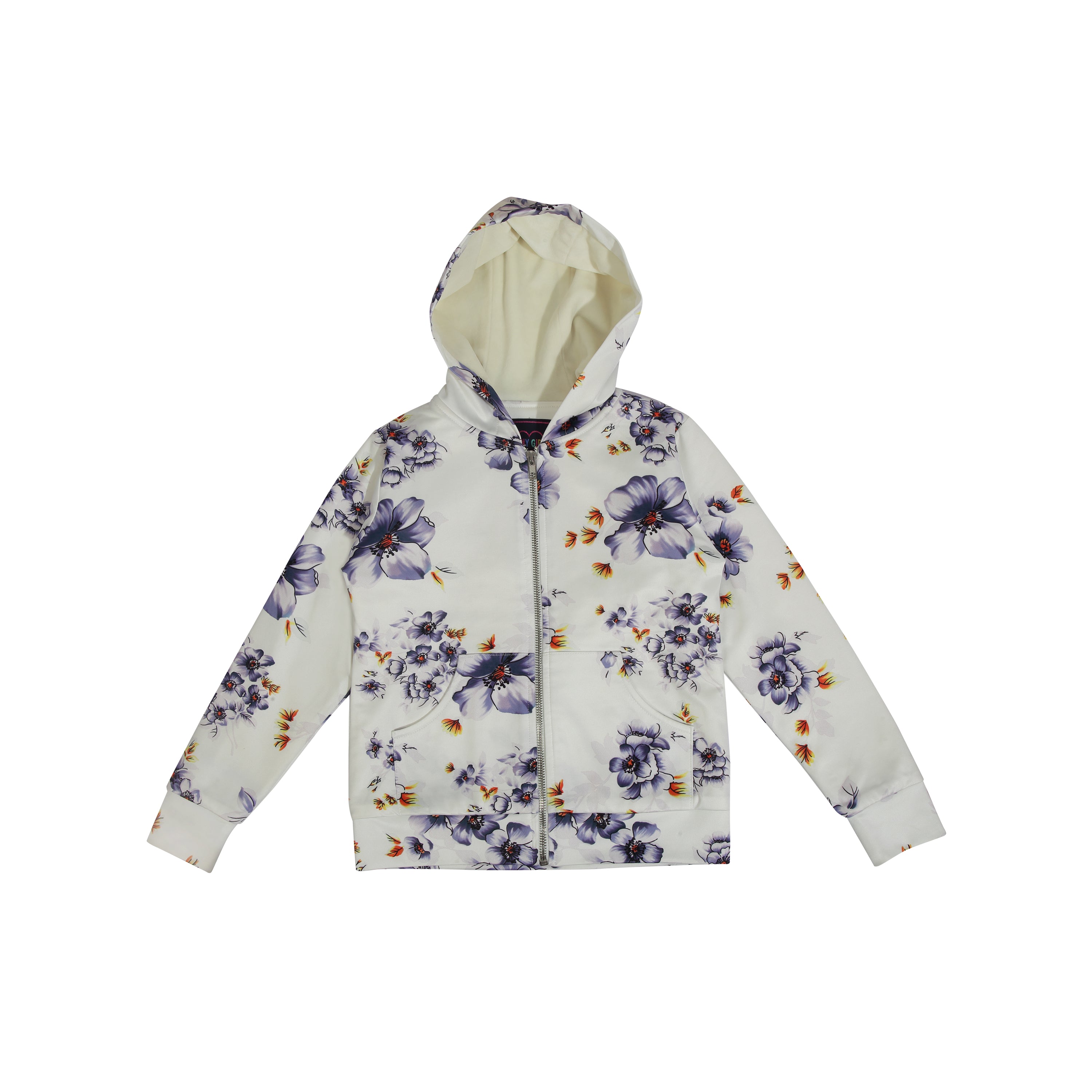 Floral Zipper White  Hoodie With Sherpa Lining