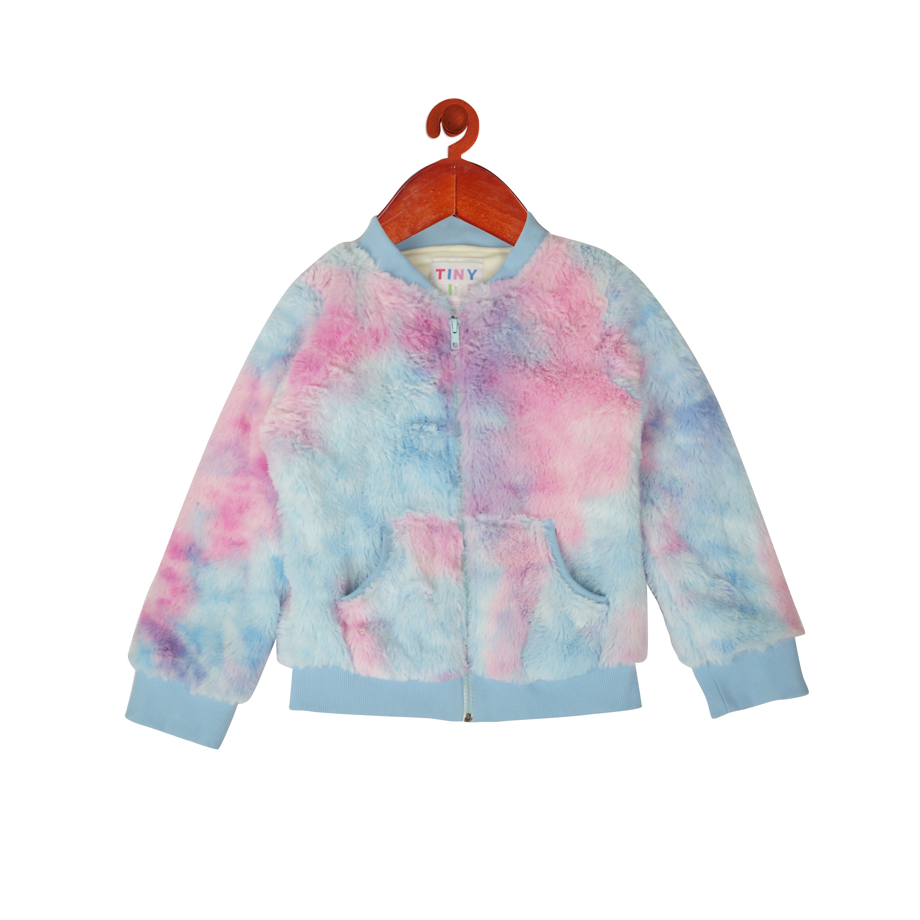 Blue Tie-Dye Fur Zipper With Front Pockets