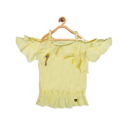 Lemon Ruffle Top With Cold Sleeves With Parrot Broach Detail
