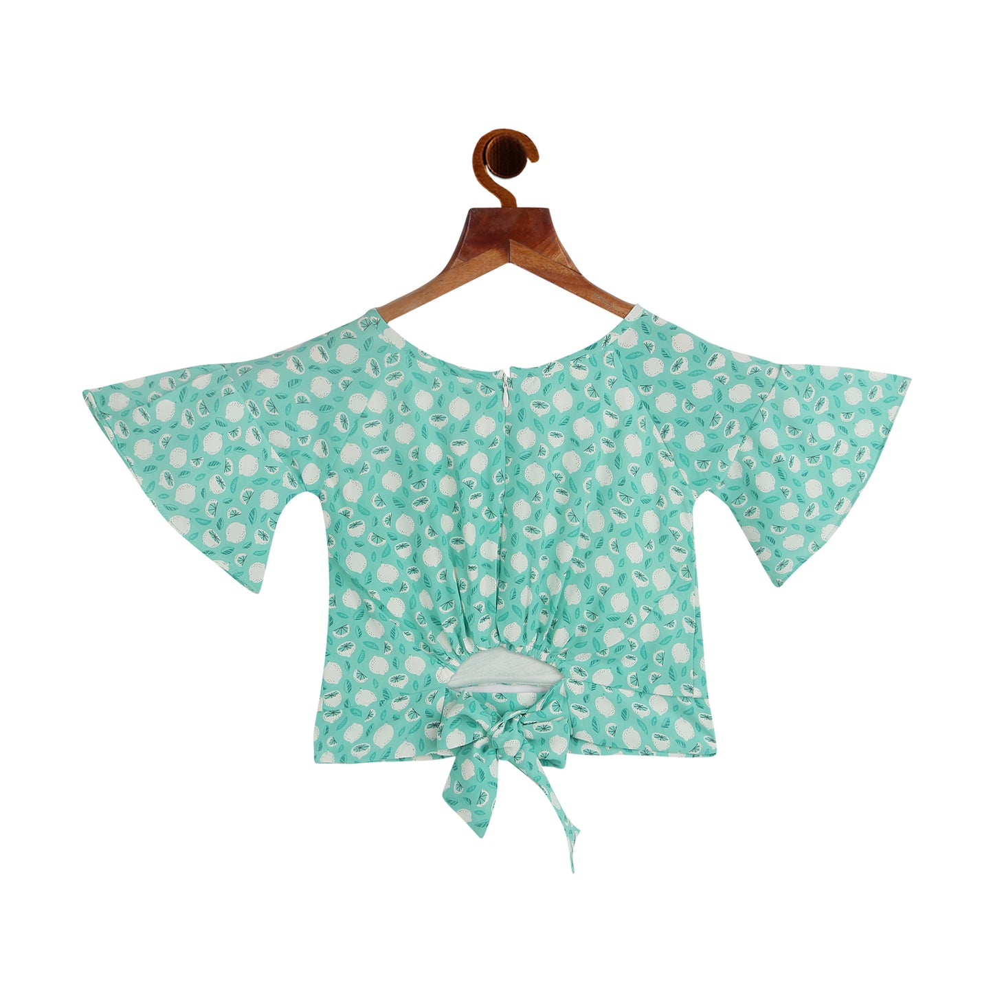 Green Print Half Sleeve Top With Back Tie-Up Bow