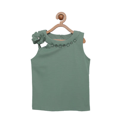 Asymetric Shoulder Sleeveless Top With Rose Bow