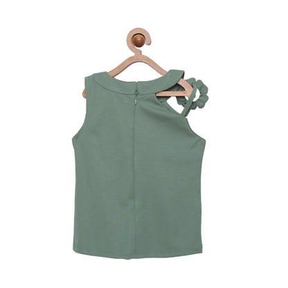 Asymetric Shoulder Sleeveless Top With Rose Bow