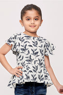 Tiny Girl Half Sleeves Leaf Printed  Top  - Blue