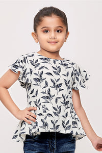 Tiny Girl Half Sleeves Leaf Printed  Top  - Blue