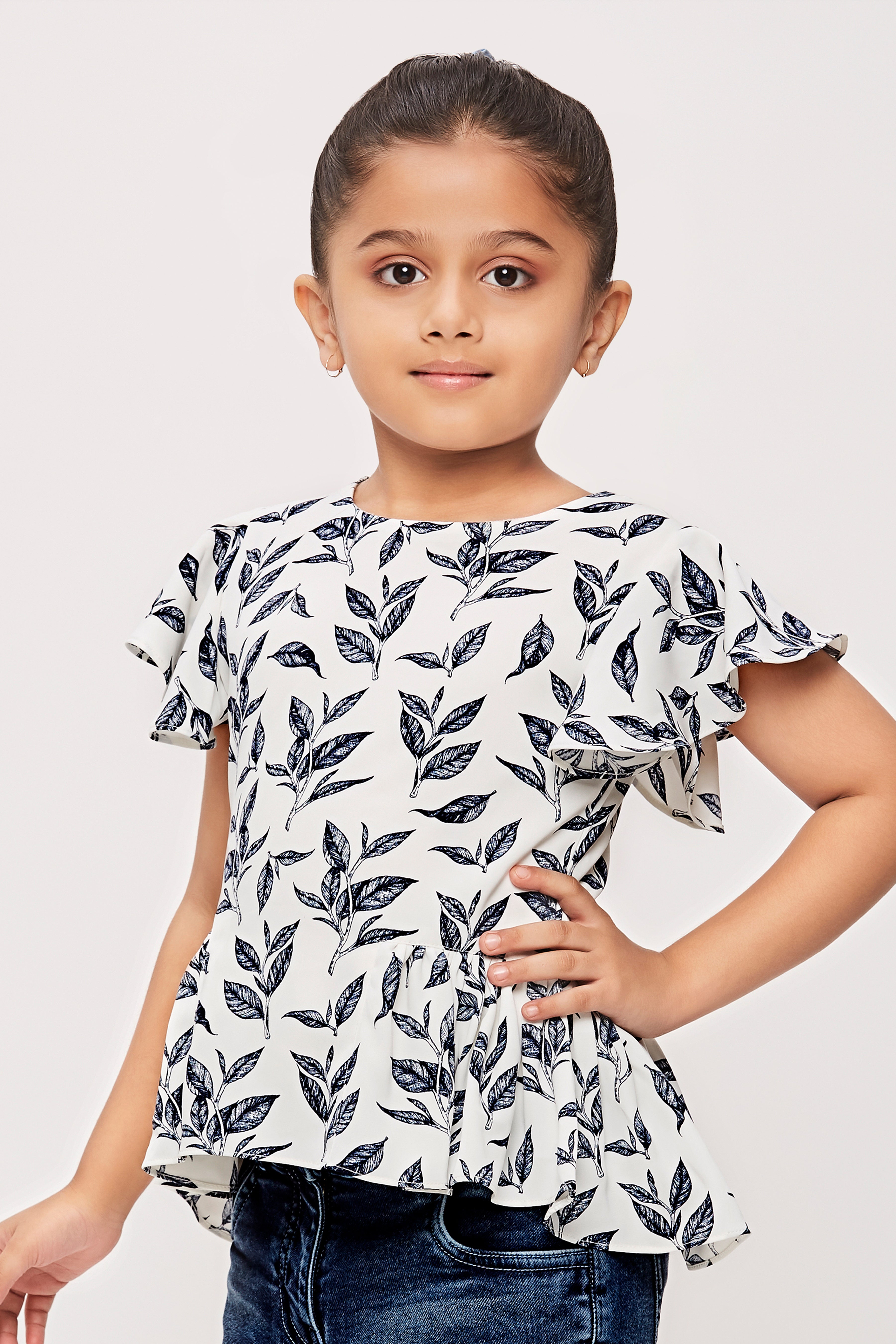 Tiny Girl Half Sleeves Leaf Printed  Top  - Blue