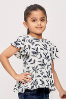 Tiny Girl Half Sleeves Leaf Printed  Top  - Blue