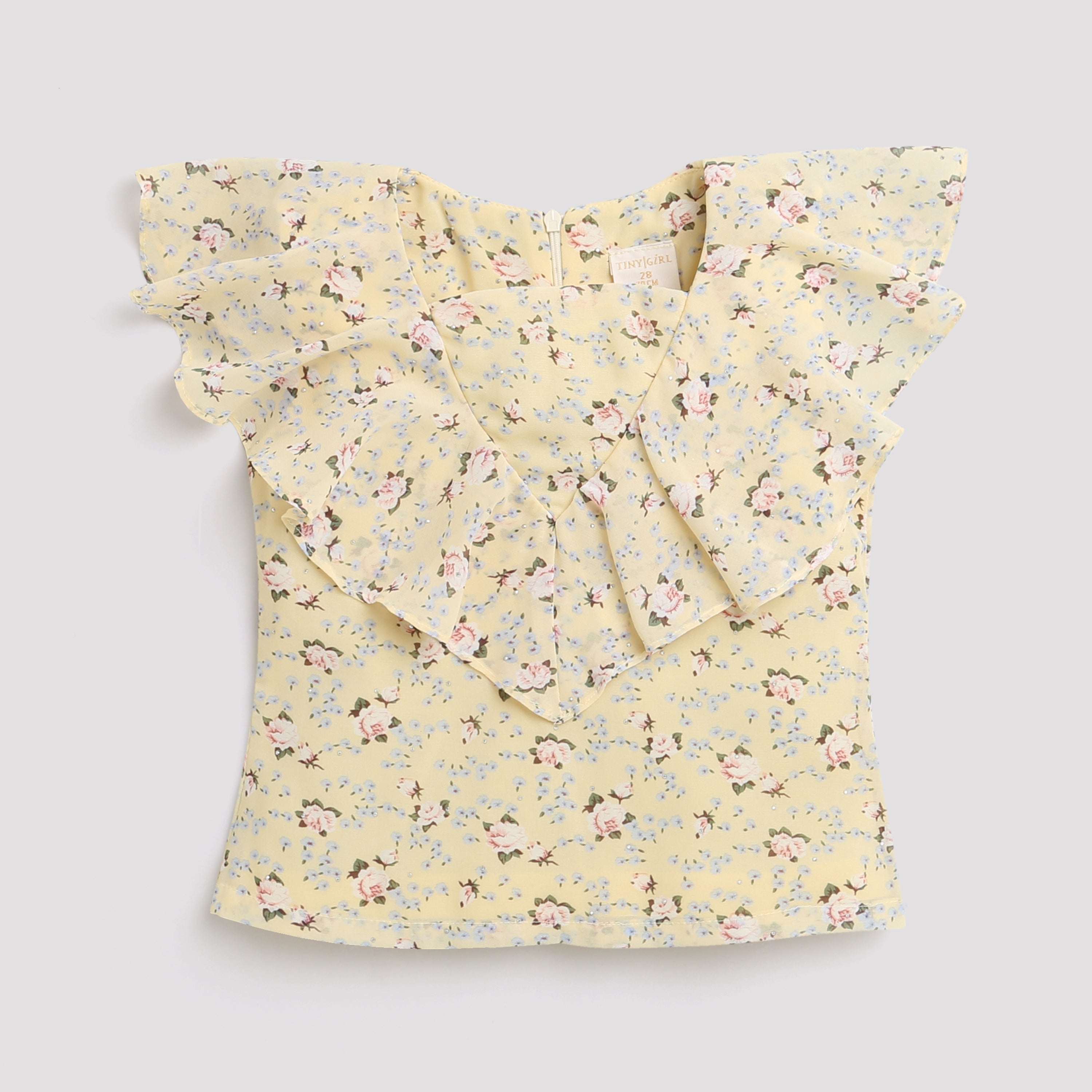 Tiny Girl Floral With Frill Square Neck Top - Lemon