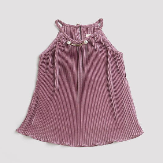 Tiny Girl Sleeveless Metallic Pleated Top With Detachable Brooch - Onion Pink