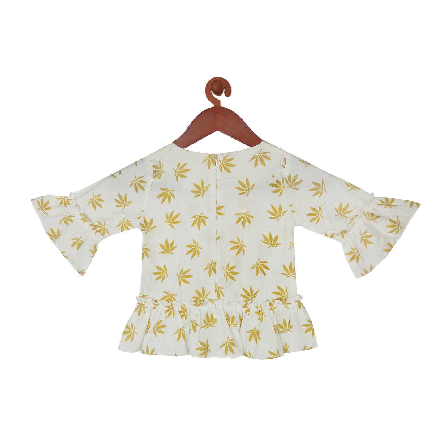 Leaf Print 3/4Th Ruffle Sleeves Top With Crisscross Lace Front
