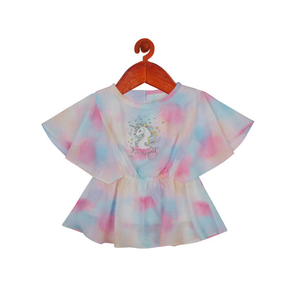 Fit And Flare Ruffle Flutter Sleeve Unicorn Top