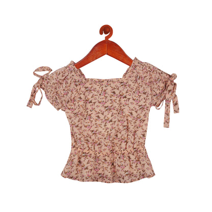 Floral Peplum Shirt With Tie Knot Sleeves In Peach