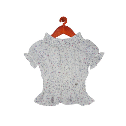 Smocked Floral Top With Puff Sleeves In White