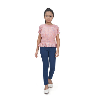 Smocked Floral Top With Puff Sleeves In Peach