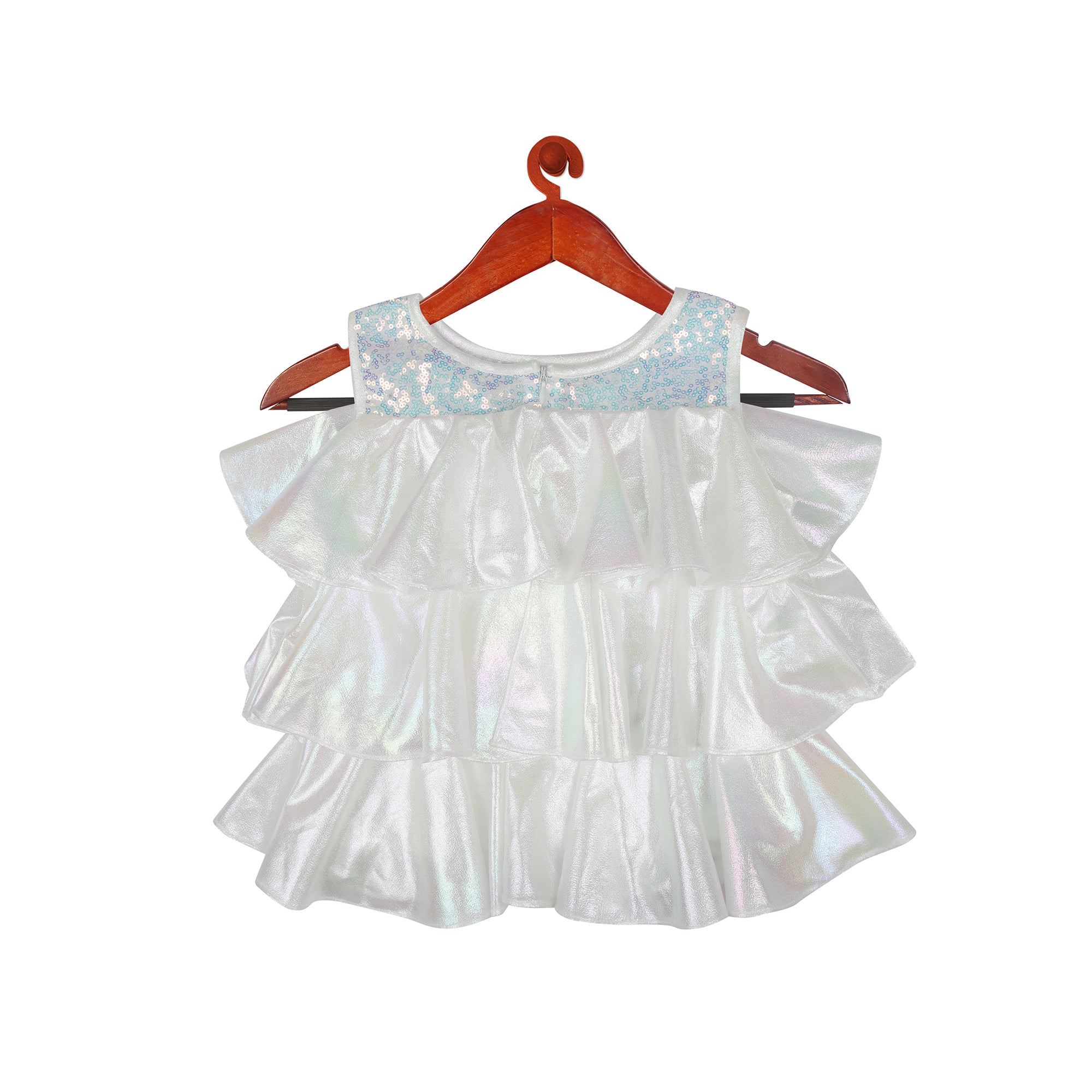 Sleeveless Holographic Sequins Ruffle Top  In White