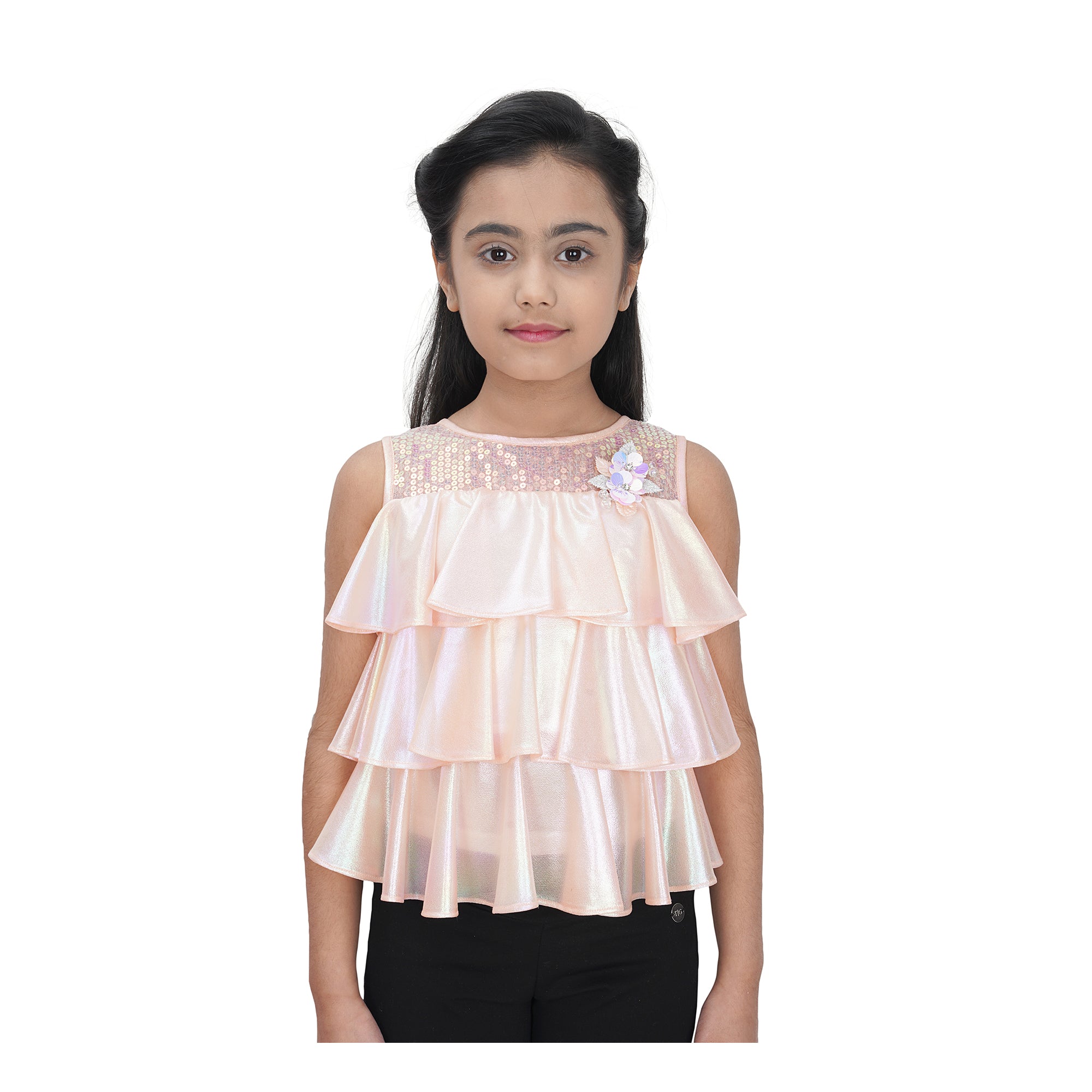 Sleeveless Holographic Sequins Ruffle Top In Peach