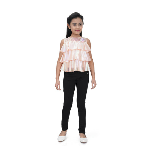 Sleeveless Holographic Sequins Ruffle Top In Peach