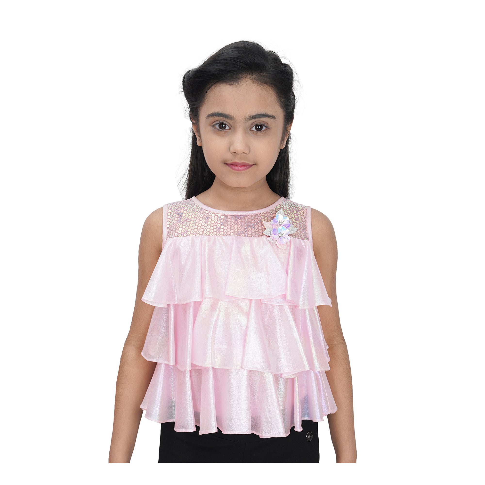 Sleeveless Holographic Sequins Ruffle Top  In Pink