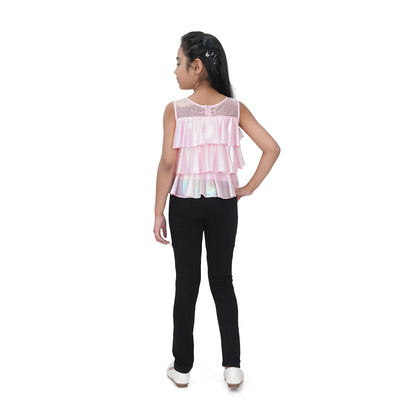 Sleeveless Holographic Sequins Ruffle Top  In Pink