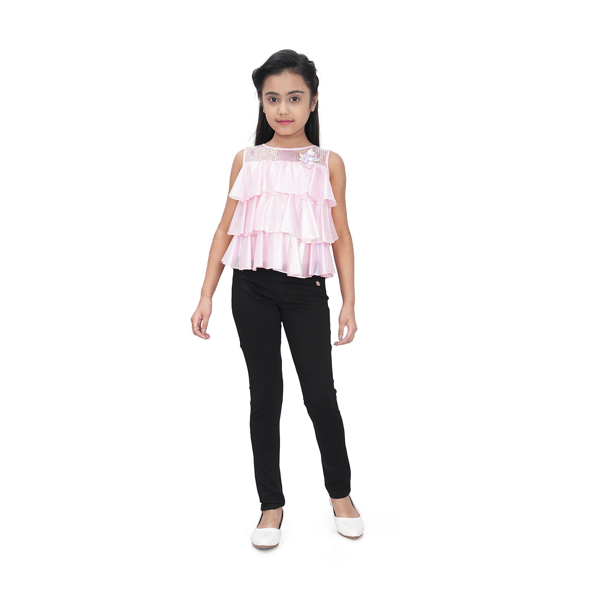 Sleeveless Holographic Sequins Ruffle Top  In Pink